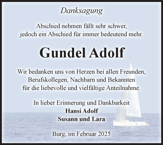 Traueranzeige von Gundel Adolf von Volksstimme Burg/Genthin