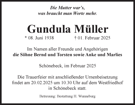 Traueranzeige von Gundula Müller von Volksstimme Schönebeck