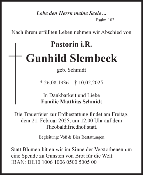 Traueranzeige von Gunhild Slembeck von Volksstimme Wernigerode