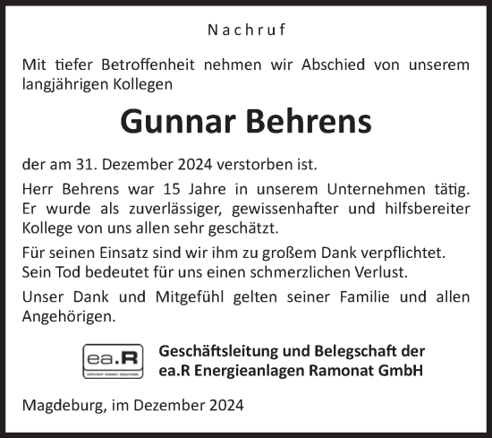 Traueranzeige von Gunnar Behrens von Volksstimme Magdeburg
