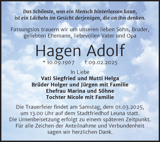 Traueranzeige von Hagen Adolf von Trauerkombi Merseburg