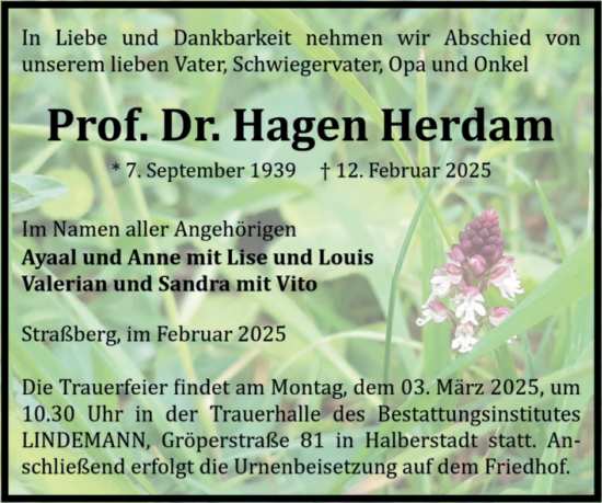 Traueranzeige von Hagen Herdam von Trauerkombi Quedlinburg