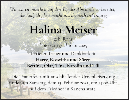 Traueranzeige von Halina Meiser von Mitteldeutsche Zeitung Halle/Saalkreis
