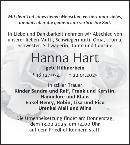 Traueranzeige von Hanna Hart von Trauerkombi Bernburg