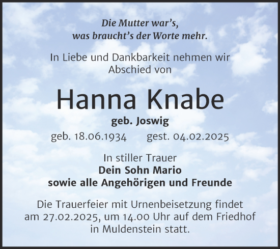 Traueranzeige von Hanna Knabe von Trauerkombi Bitterfeld