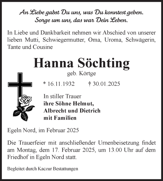 Traueranzeige von Hanna Söchting von Volksstimme Staßfurt