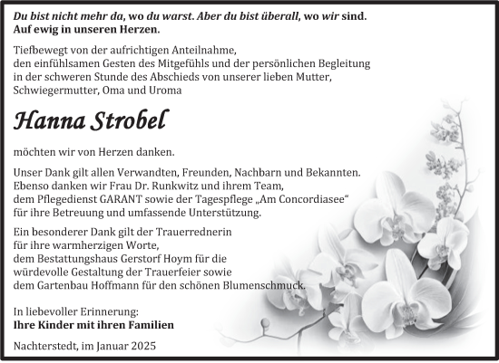 Traueranzeige von Hanna Strobel von Trauerkombi Aschersleben