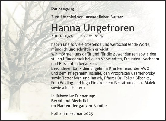 Traueranzeige von Hanna Ungefroren von Trauerkombi Sangerhausen