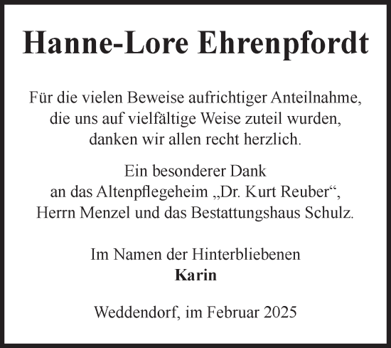 Traueranzeige von Hanne-Lore Ehrenpfordt von Volksstimme Altmark West