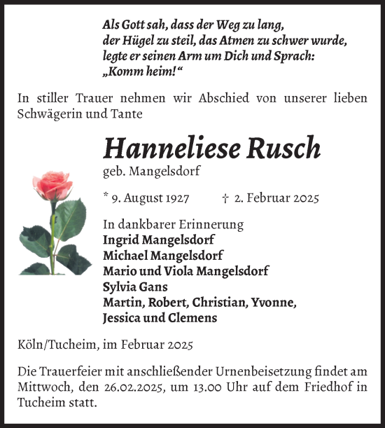 Traueranzeige von Hanneliese Rusch von Volksstimme Burg/Genthin