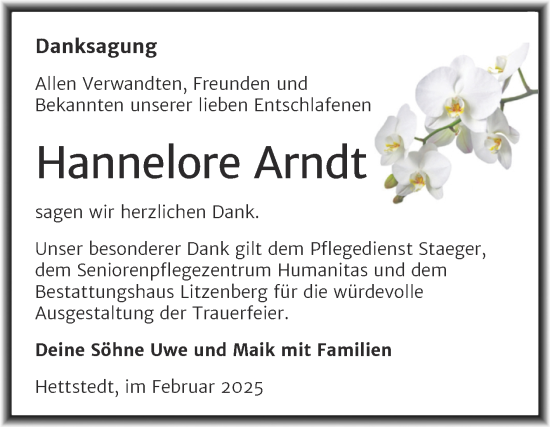 Traueranzeige von Hannelore Arndt von Trauerkombi Mansfelder Land