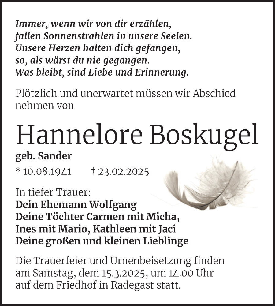  Traueranzeige für Hannelore Boskugel vom 28.02.2025 aus Trauerkombi Köthen