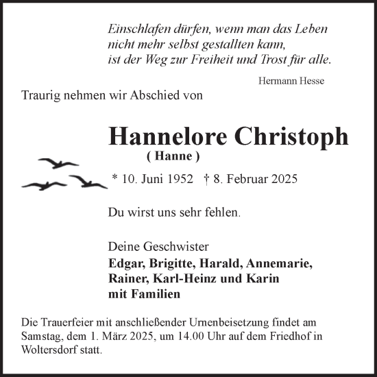 Traueranzeige von Hannelore Christoph von Volksstimme Burg/Genthin