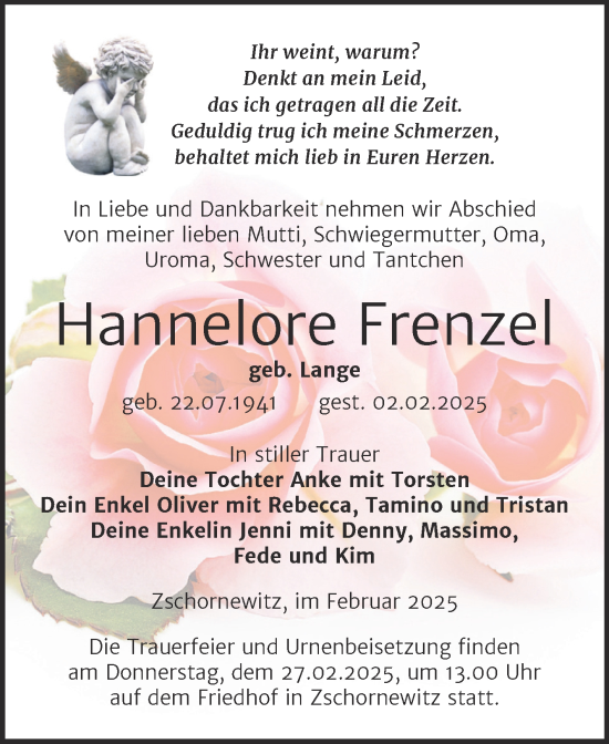 Traueranzeige von Hannelore Frenzel von Trauerkombi Wittenberg