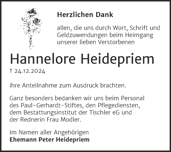 Traueranzeige von Hannelore Heidepriem von Trauerkombi Wittenberg