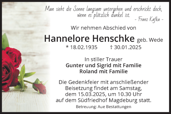Traueranzeige von Hannelore Henschke von Volksstimme Magdeburg