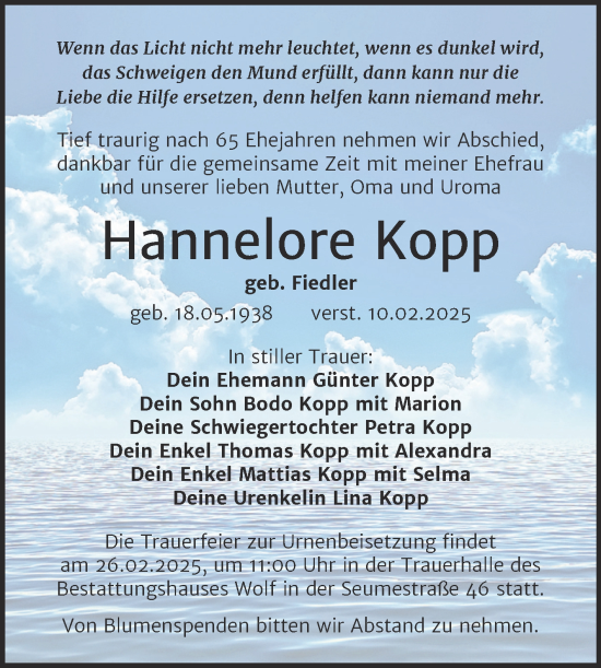 Traueranzeige von Hannelore Kopp von Trauerkombi Weißenfels