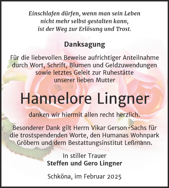 Traueranzeige von Hannelore Lingner von Trauerkombi Wittenberg