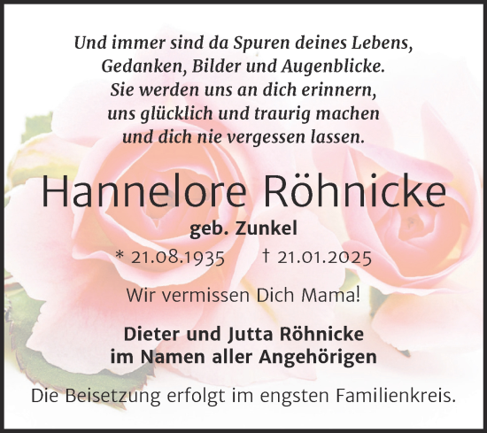 Traueranzeige von Hannelore Röhnicke von Trauerkombi Bitterfeld