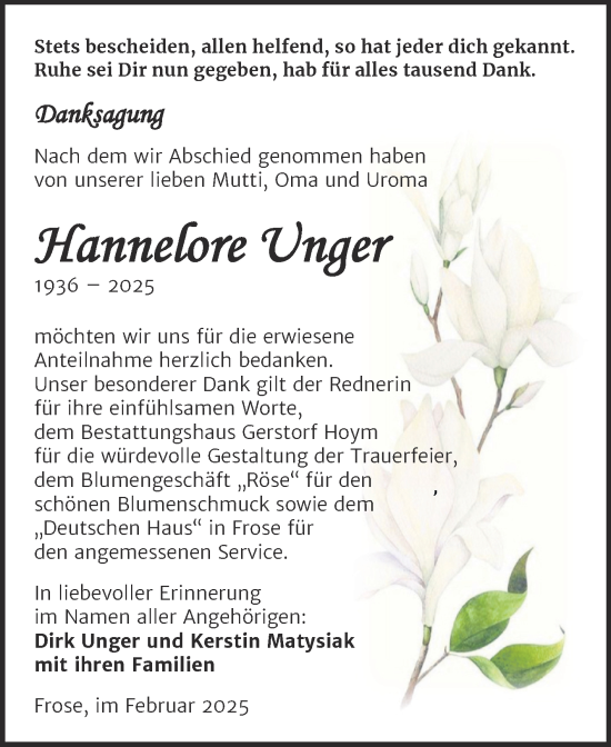 Traueranzeige von Hannelore Unger von Trauerkombi Aschersleben