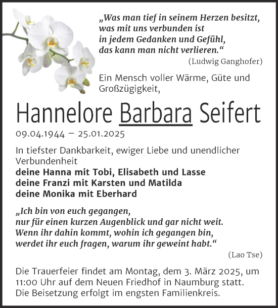 Traueranzeige von Hannelore Barbara Seifert von Naumburger Tageblatt