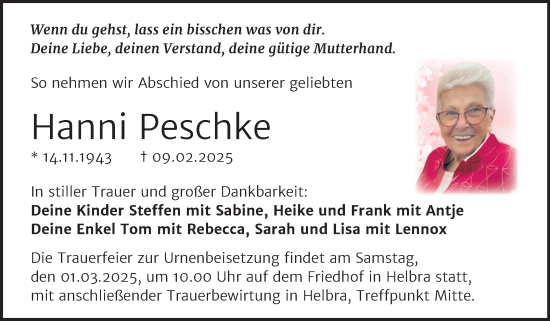 Traueranzeige von Hanni Peschke von Trauerkombi Mansfelder Land