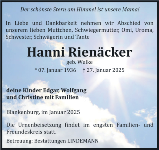 Traueranzeige von Hanni Rienäcker von Volksstimme Wernigerode