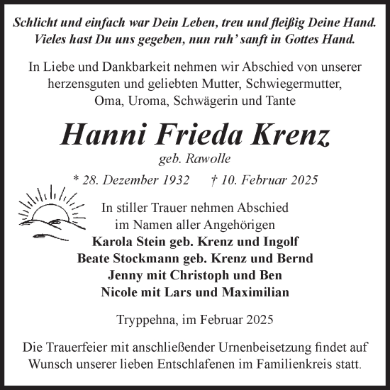 Traueranzeige von Hanni Frieda Krenz von Volksstimme Burg/Genthin