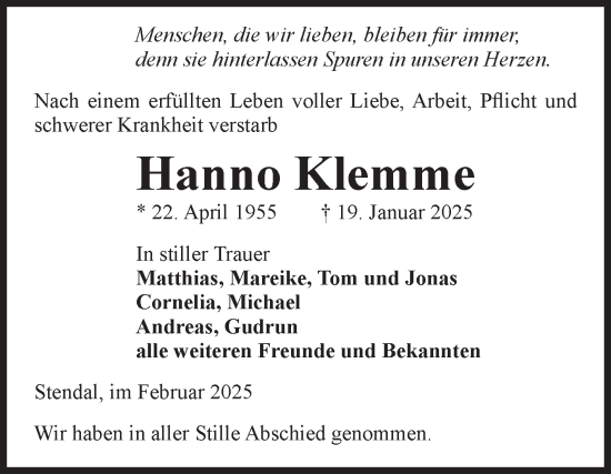 Traueranzeige von Hanno Klemme von Volksstimme Altmark Ost