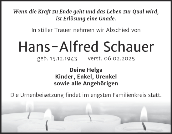 Traueranzeige von Hans-Alfred Schauer von Trauerkombi Weißenfels