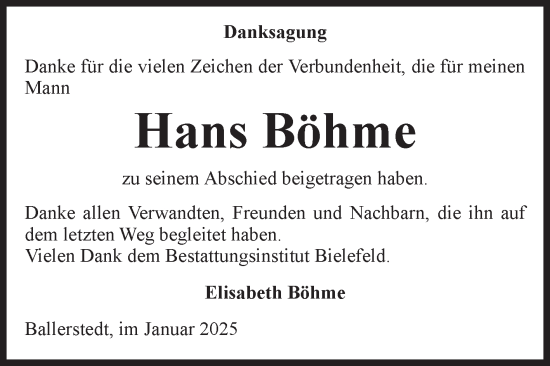 Traueranzeige von Hans Böhme von Volksstimme Altmark Ost