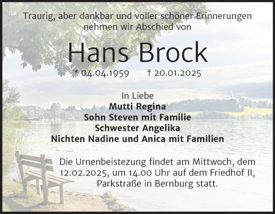Traueranzeige von Hans Brock von Trauerkombi Bernburg