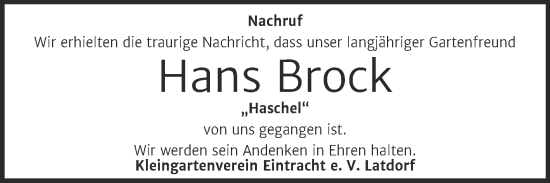 Traueranzeige von Hans Brock von Trauerkombi Bernburg