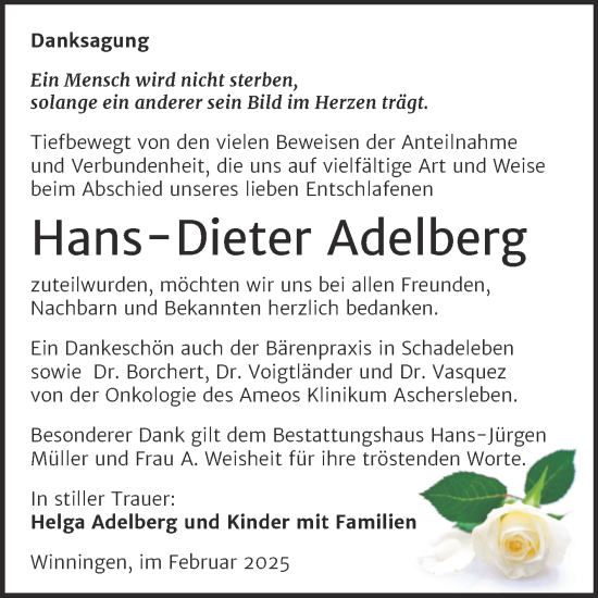 Traueranzeige von Hans-Dieter Adelberg von Trauerkombi Aschersleben