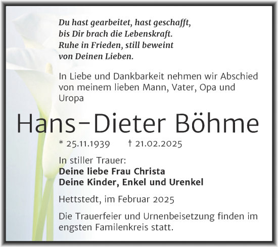 Traueranzeige von Hans-Dieter Böhme von Trauerkombi Mansfelder Land