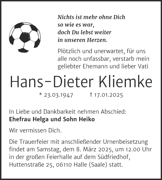 Traueranzeige von Hans-Dieter Kliemke von Mitteldeutsche Zeitung Halle/Saalkreis