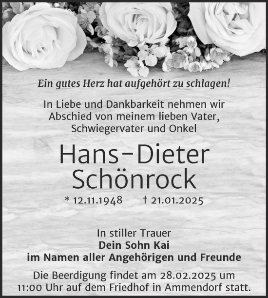 Traueranzeige von Hans-Dieter Schönrock von Mitteldeutsche Zeitung Halle/Saalkreis