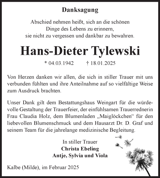 Traueranzeige von Hans-Dieter Tylewski von Volksstimme Altmark West