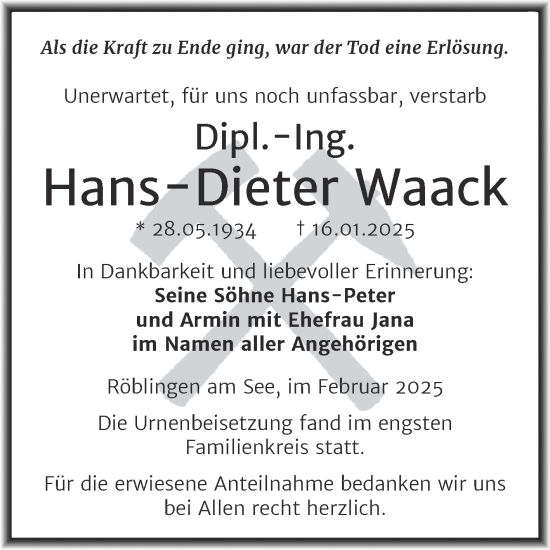 Traueranzeige von Hans-Dieter Waack von Trauerkombi Mansfelder Land