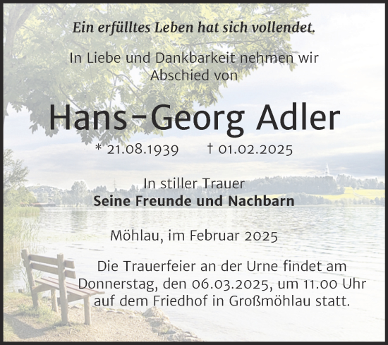 Traueranzeige von Hans-Georg Adler von Trauerkombi Wittenberg