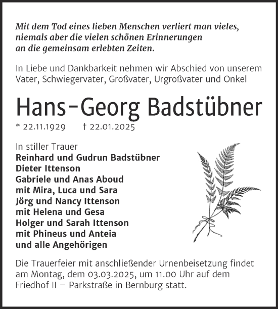 Traueranzeige von Hans-Georg Badstübner von Trauerkombi Bernburg