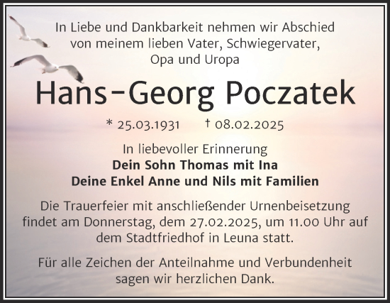 Traueranzeige von Hans-Georg Poczatek von Trauerkombi Merseburg