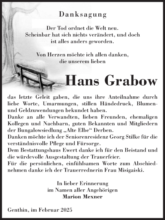 Traueranzeige von Hans Grabow von Volksstimme Burg/Genthin