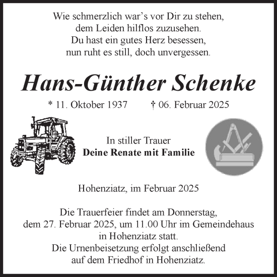 Traueranzeige von Hans-Günther Schenke von Volksstimme Burg/Genthin