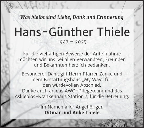 Traueranzeige von Hans-Günther Thiele von Super Sonntag Weißenfels