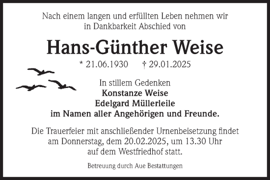 Traueranzeige von Hans-Günther Weise von Volksstimme Magdeburg