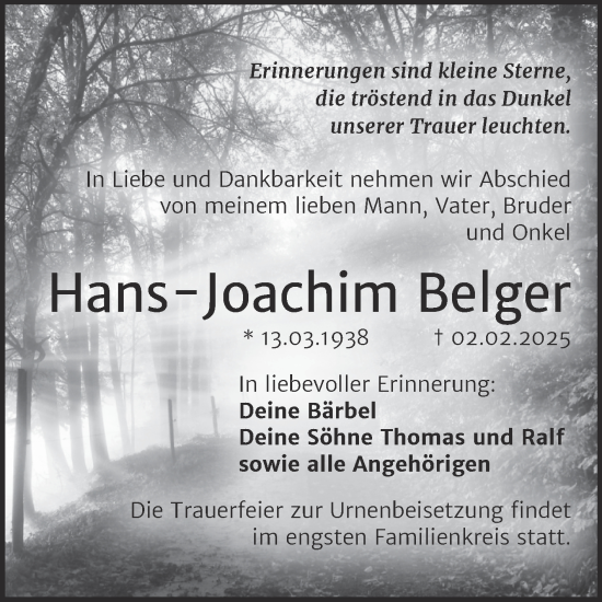 Traueranzeige von Hans-Joachim Belger von Trauerkombi Mansfelder Land