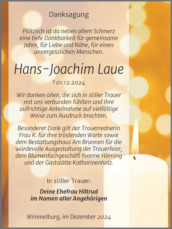 Traueranzeige von Hans-Joachim Laue von Trauerkombi Mansfelder Land
