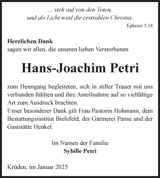 Traueranzeige von Hans-Joachim Petri von Volksstimme Altmark Ost
