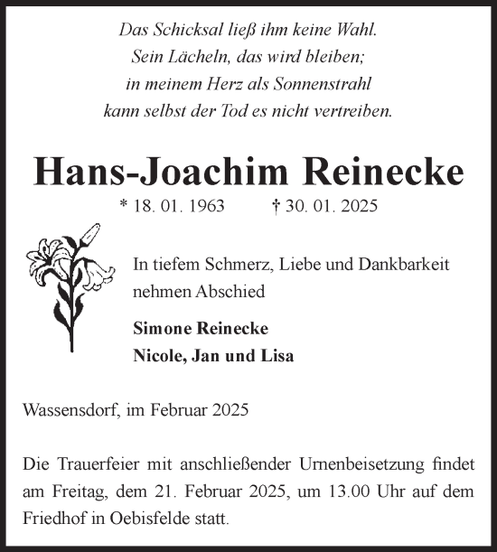 Traueranzeige von Hans-Joachim Reinecke von Volksstimme Altmark West